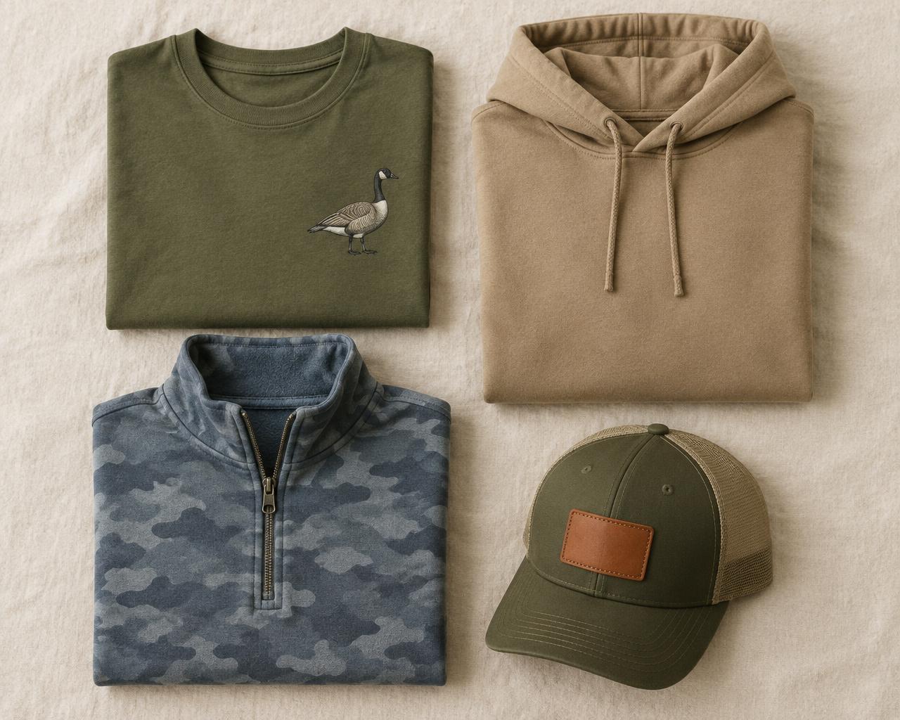 Folded Hen & Hunter tees, hoodies, and hat