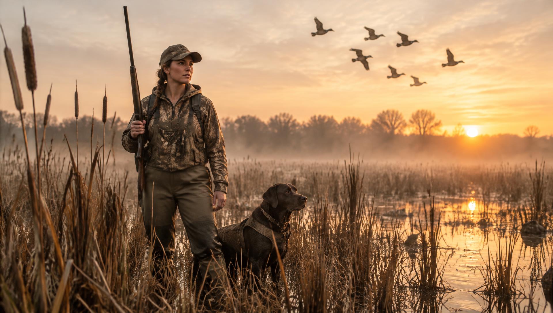 Woman hunter with her retriever in a misty marsh at sunrise